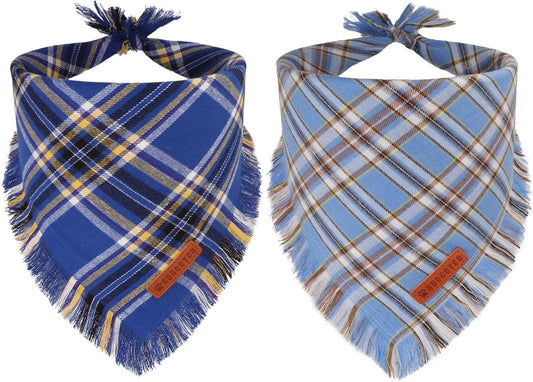 ADOGGYGO Dog Bandanas Boy with Tassels Edges, Stylish Blue Plaid Pet Scarf, Soft Cotton Fabric, Adjustable Reversible Plaid Bandanas for Extra Large Dogs (X-Large)