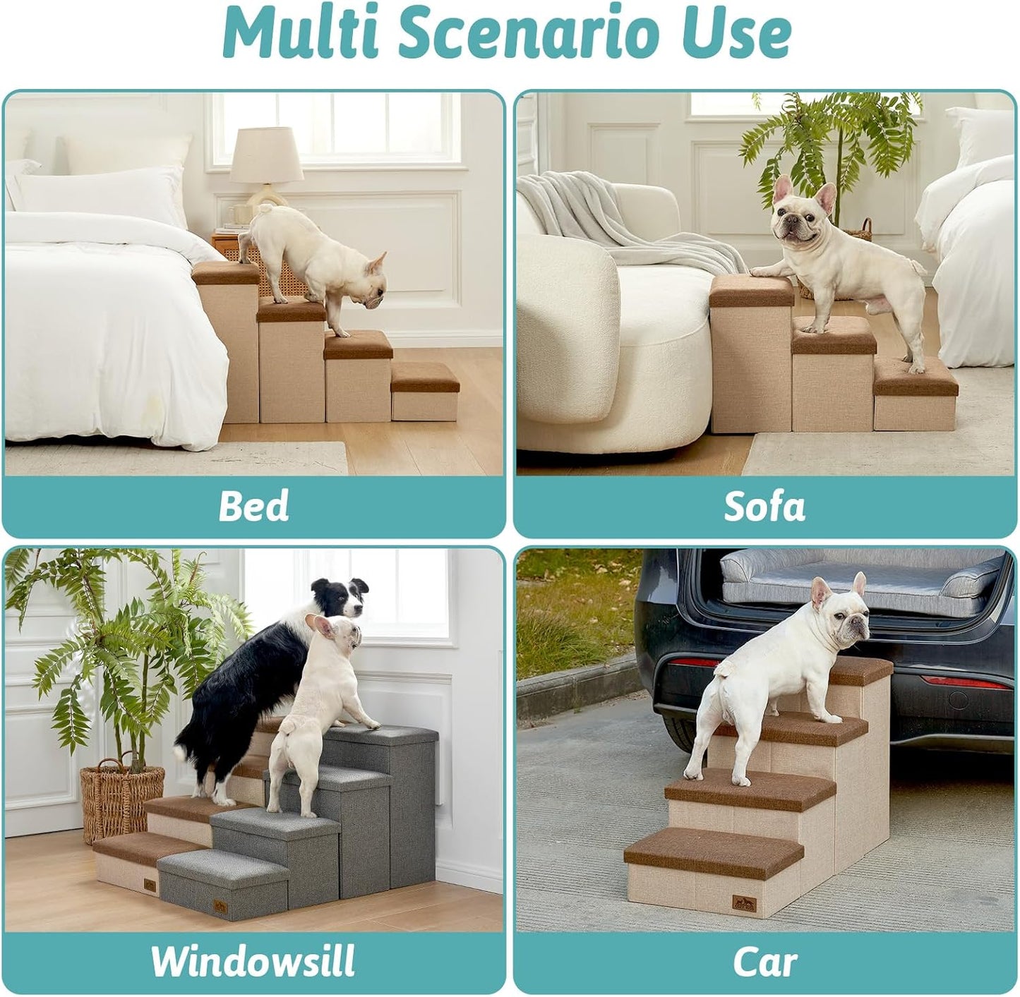 Dog Stairs with Storage, 4-Step Wider Sturdy Dog Steps for Small/Medium/Large Dogs and Older Cats, Folding Doggie Ramp for Bed/Couch/Car Hold Up to 180 lbs (22" H, Brown) - Pet Explorer