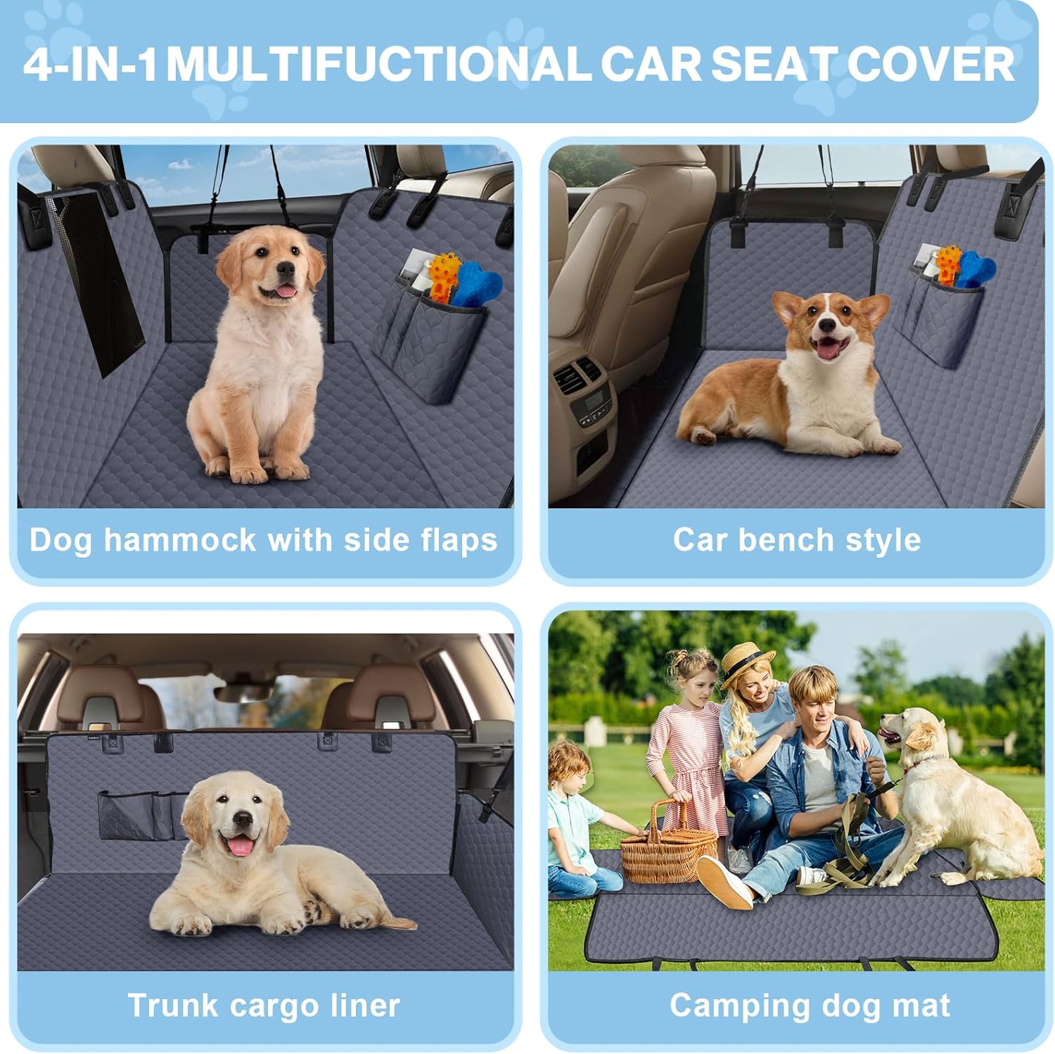 Dog Car Seat Cover for Back Seat, Waterproof Protector with Side Flaps, Scratchproof Hammock, Non-Slip Bottom for Cars/Trucks/SUVs (Grey) - Pet Explorer