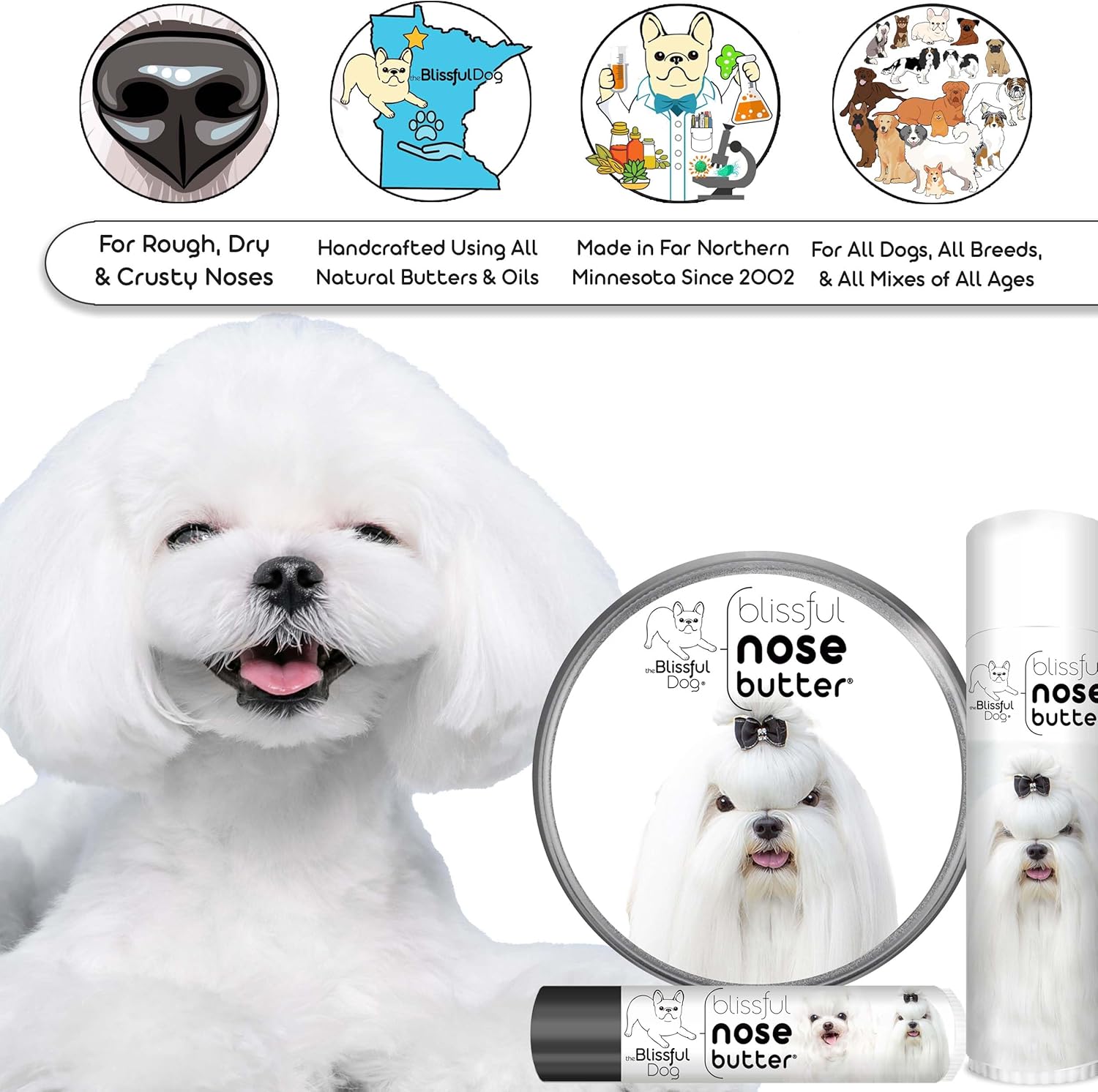 The Blissful Dog Maltese Nose Butter for Dry, Cracked Skin, Lick-Safe Dog Nose Balm with Moisturizing Shea Butter, Almond, Olive, and Essential Oils, Pet Supplies, Uncented, 0.15 oz. - Pet Explorer