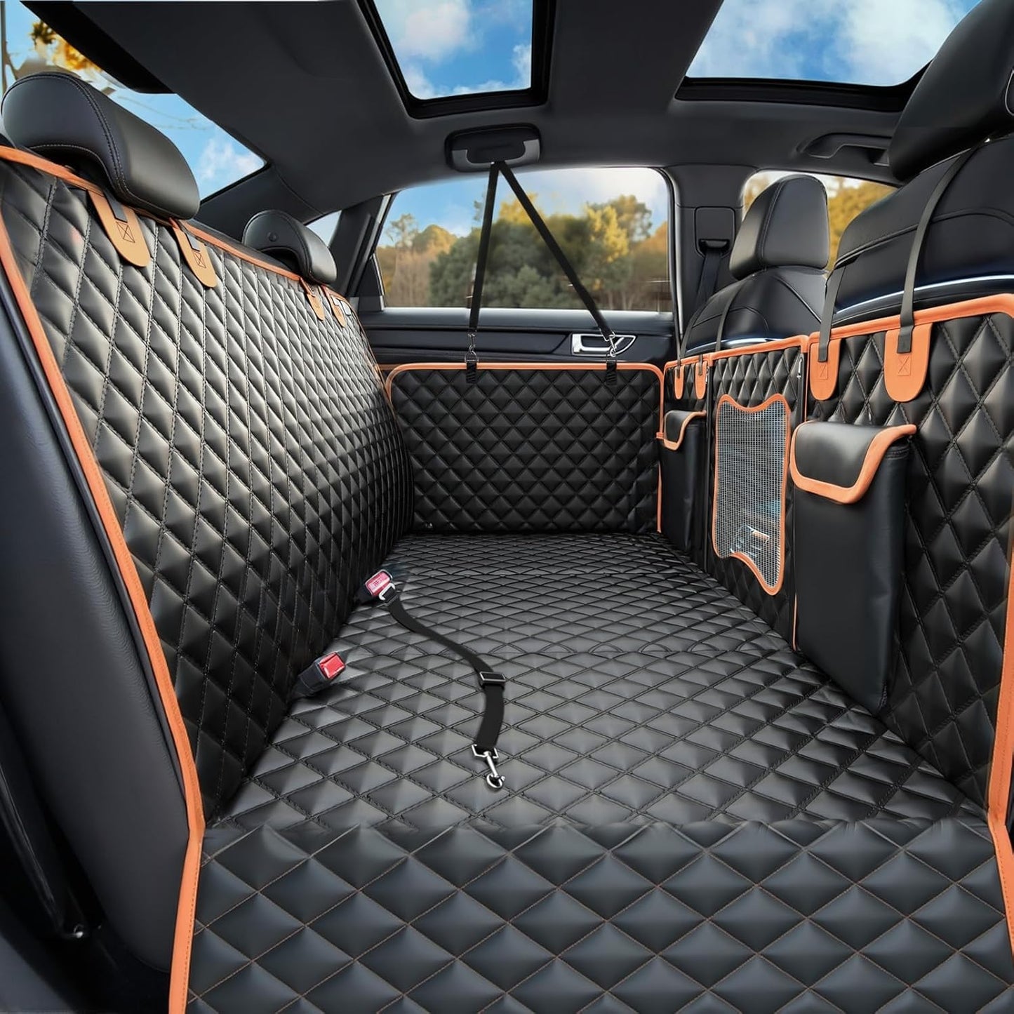 Back Seat Extender for Dogs,Dog Car Seat Cover for Back Seat with Hard Bottom Holds 500 lbs,Car Seat Protector,Waterproof Extender for Dogs,Dog Hammock,600D Nonslip,Pet Bed for Cars,SUVs, Small Trucks - Pet Explorer