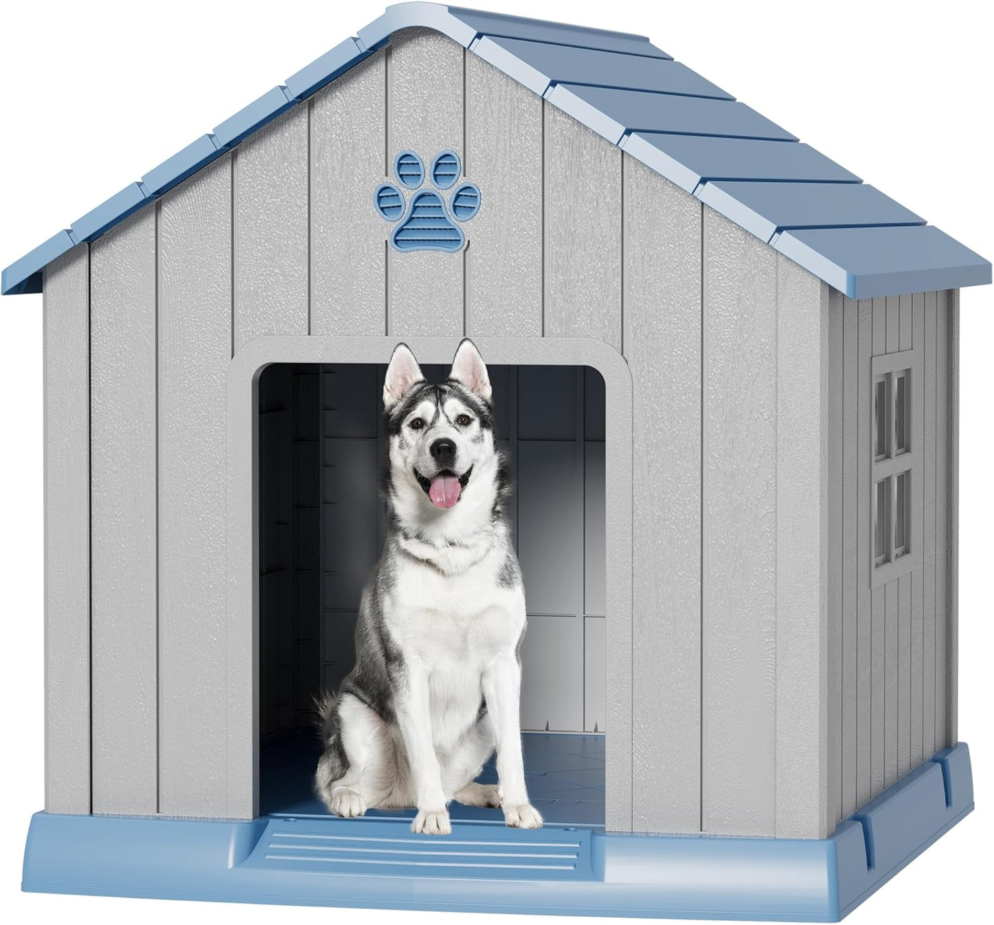 Large Dog House Outdoor Indoor for Medium Large Dogs, Durable Plastic Waterproof Doghouse with Air Vents and Elevated Floor, Easy Clean and Assemble (Blue, 37.2" L x 40" W x 40" H) - Pet Explorer