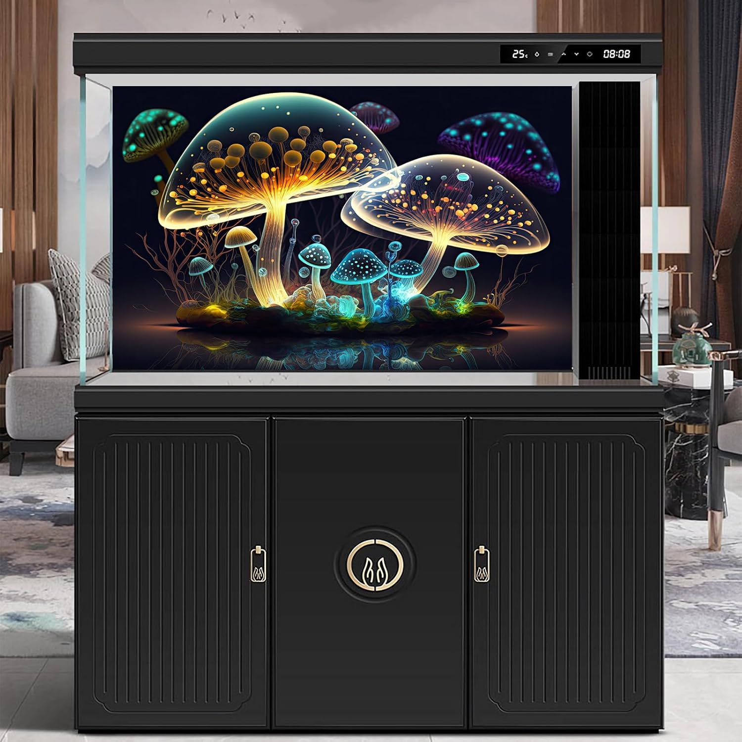 Mushroom Aquarium Background Abstract Glowing Fantasy Mushrooms Terrarium Background Mysterious Forest Magical Night In Circle Shape Crystal Glass Fish Tank Backdrop Decorations Vinyl 72x24in - Pet Explorer