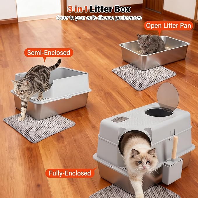 Stainless Steel Litter Box with Lid, XL Extra Large Enclosed Cat Litter Boxes for Big Cats, Front & Top Entry Metal Cat Litter Box with Litter Scoop & Litter Mat, Odor Free, Anti-Leakage