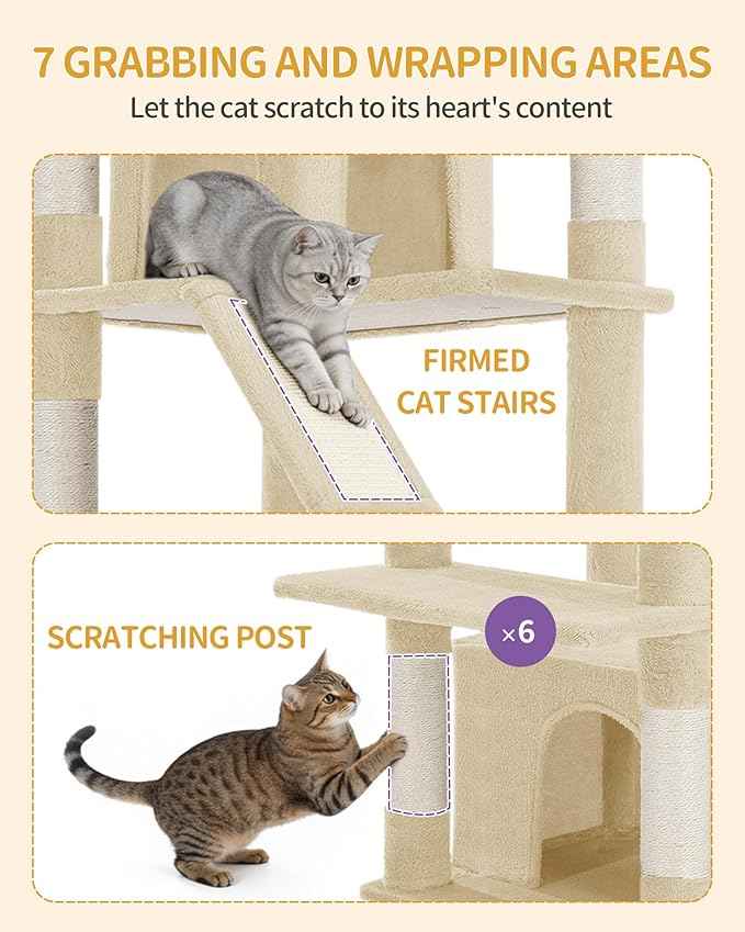 Large Cat Tree, 72 Inch Tall Indoor Cat Tower for 6 Large Cats, Corner Climbing Activity Pet Condo with 2 Large Platforms/2 Cats House/6 Scratching Post/1 Hanging Basket, Beige MS18318YG