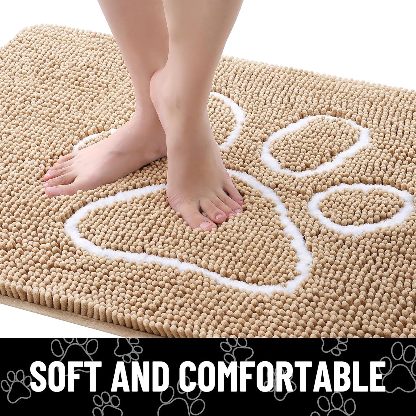 Smiry Dog Door Mat for Muddy Paws, Absorbent Dirt Trapper Non Slip Quick Dry Washable Chenille Mat for Mud Dogs, Entry Rug for Indoor and Outdoor (59x24 Inches, Beige)