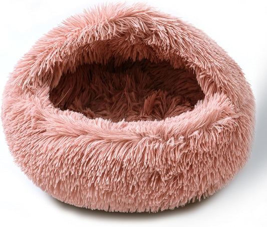 Cat Bed for Indoor Cats, Calming Cozy Cave with Self-Warming Plush, Entire Bed Machine Washable & Anti-Slip Base, Breathable Pet Bed for Small Cats&Dogs All Seasons (Leather Pink, 20 * 20inch) - Pet Explorer