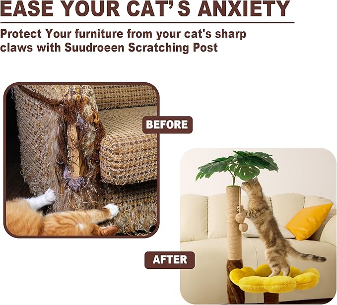 33.86" Tall Cat Scratching Posts Cat Scratcher with Premium Sisal Rope, Sunflower Cat Platform and Danging Balls,Cat Scratcher Suitable for Large Adult cat, Kitten, and All Type of Cats