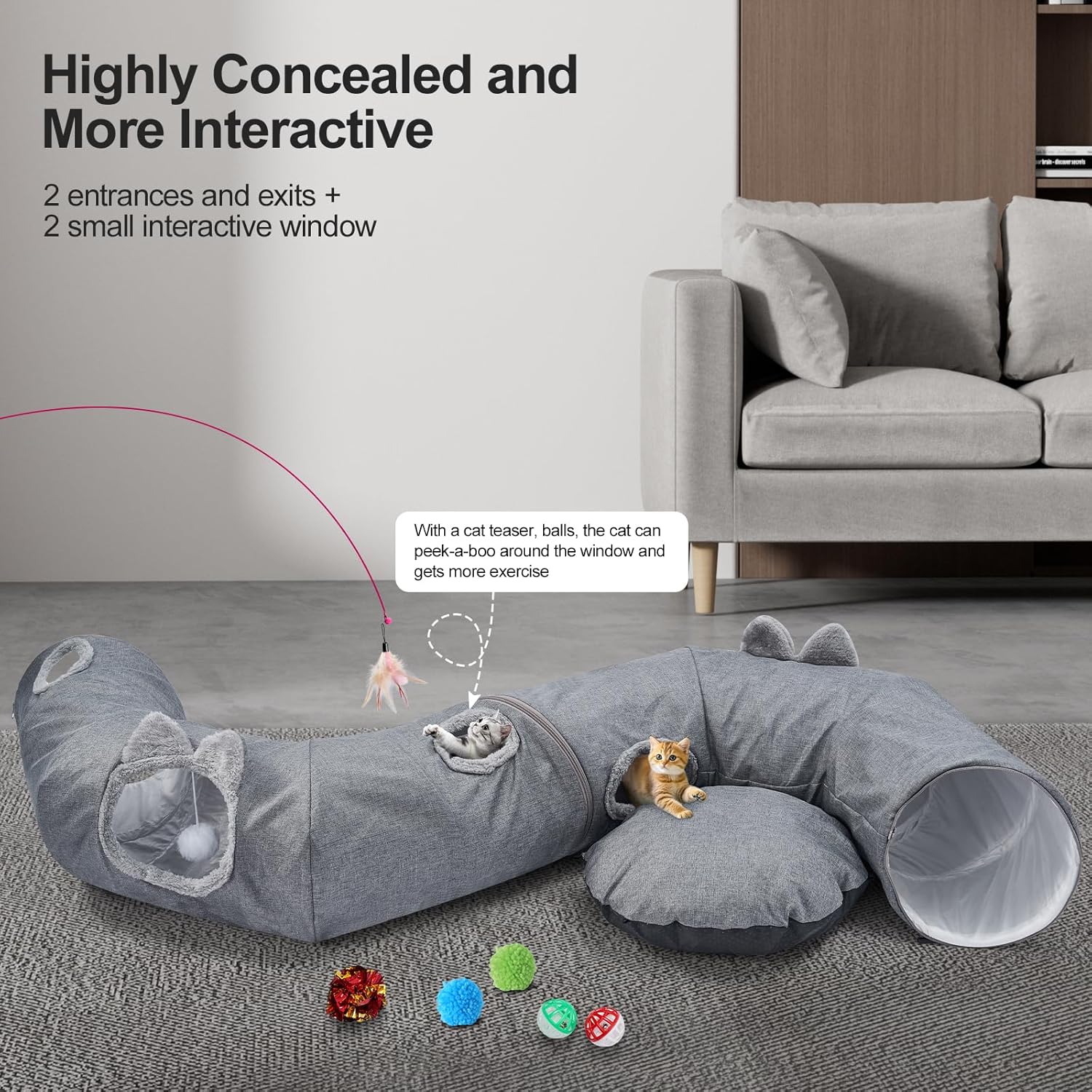 Odoland Summer Linen Cat Tunnels for Indoor Cats with Cooling Central Cat Bed, Interactive Cat Toys Detachable Soft Mat and Variety Kitty Toy Set Grey - Pet Explorer