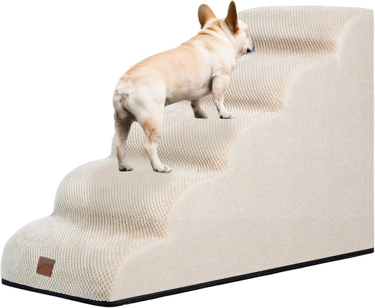 GoGoBunny Ramp Dog Stairs for High Beds 22.6" H, 5-Step Dog Slope Stairs with Durable Waterproof Fabric Cover, Pet Steps for Old Large Dogs Climbing, Non-Slip Sturdy Indoor Step, Beige - Pet Explorer