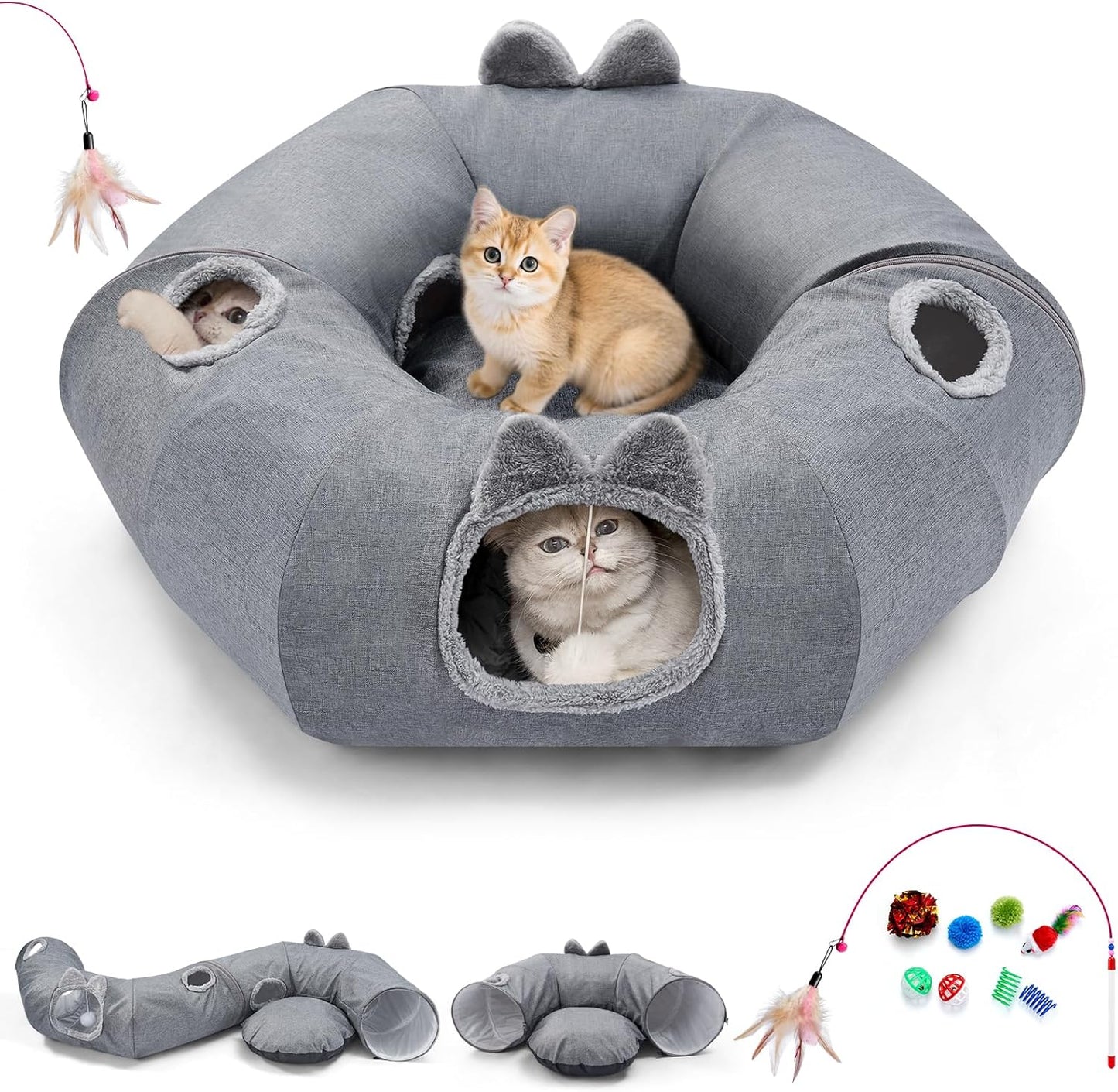 Odoland Summer Linen Cat Tunnels for Indoor Cats with Cooling Central Cat Bed, Interactive Cat Toys Detachable Soft Mat and Variety Kitty Toy Set Grey - Pet Explorer