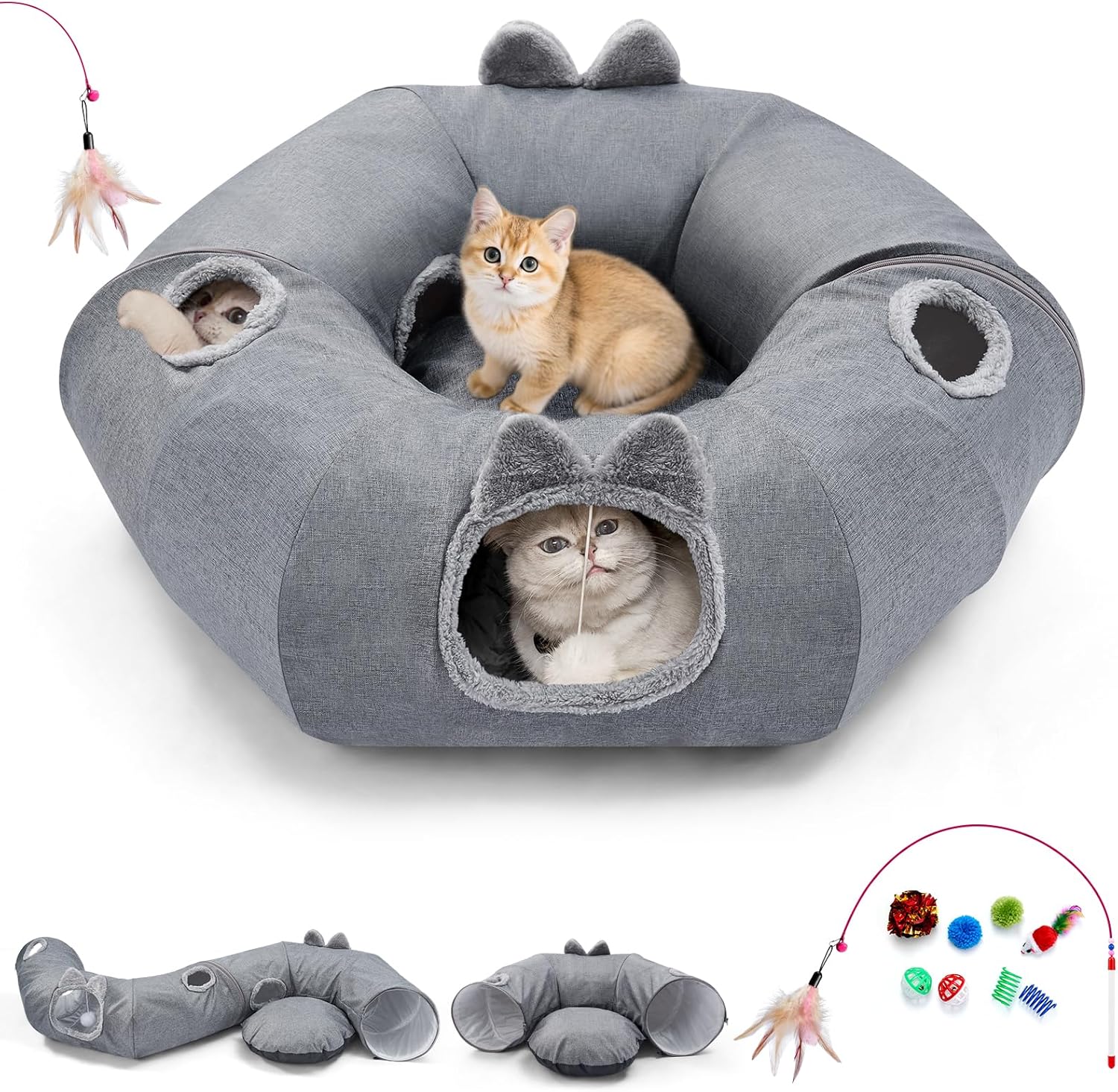 Odoland Summer Linen Cat Tunnels for Indoor Cats with Cooling Central Cat Bed, Interactive Cat Toys Detachable Soft Mat and Variety Kitty Toy Set Grey - Pet Explorer