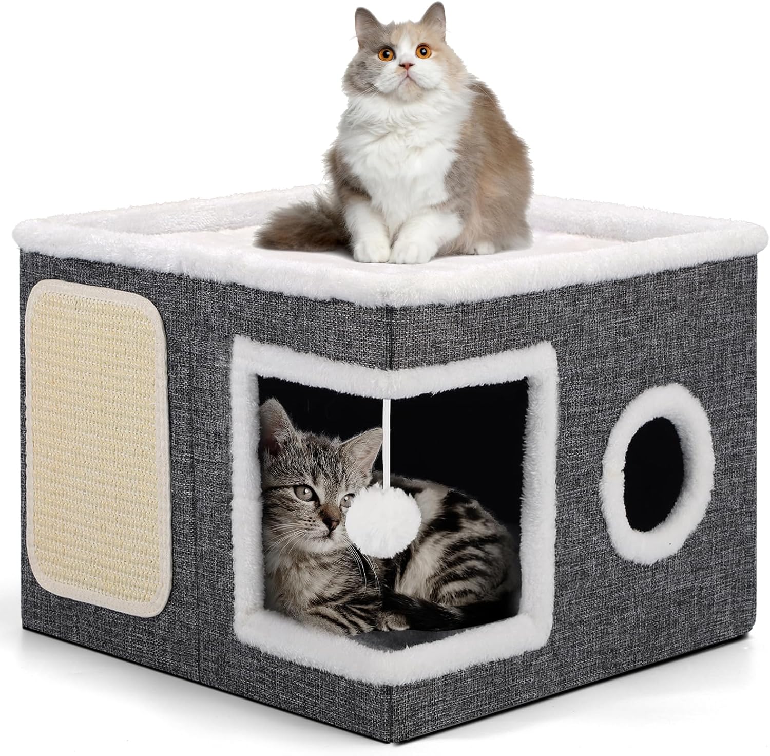 Cat Beds for Indoor Cats, Large Cat Cave with Cozy Condo, Fluffy Hanging Ball, Round Window, Foldable Indoor Cat House Hold Up to 30LBS, Cat Hideaway with Double-Sided Soft Cushions for All Seasons - Pet Explorer