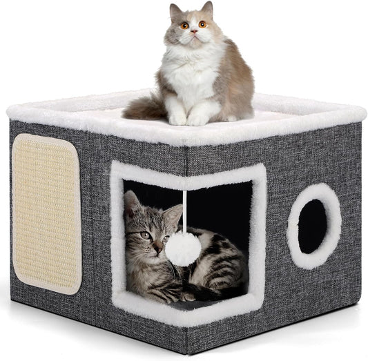 Cat Beds for Indoor Cats, Large Cat Cave with Cozy Condo, Fluffy Hanging Ball, Round Window, Foldable Indoor Cat House Hold Up to 30LBS, Cat Hideaway with Double-Sided Soft Cushions for All Seasons - Pet Explorer
