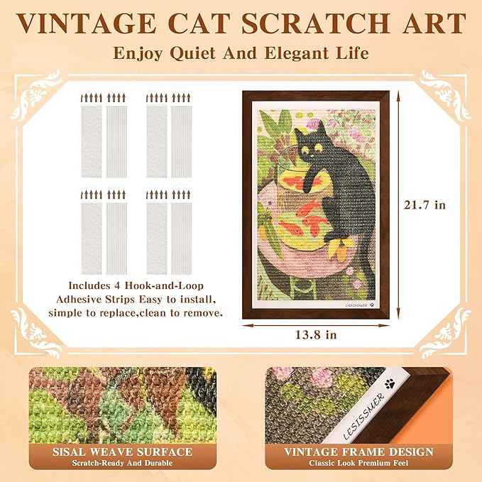 Wall Art Cat Scratcher Sisal Mat, No-Drill Wall Mounted Cat Scratch Pad with Frame, 13.8 x 21.7 Inch Cat Wall Scratchers for Indoor Cats（Goldfish）