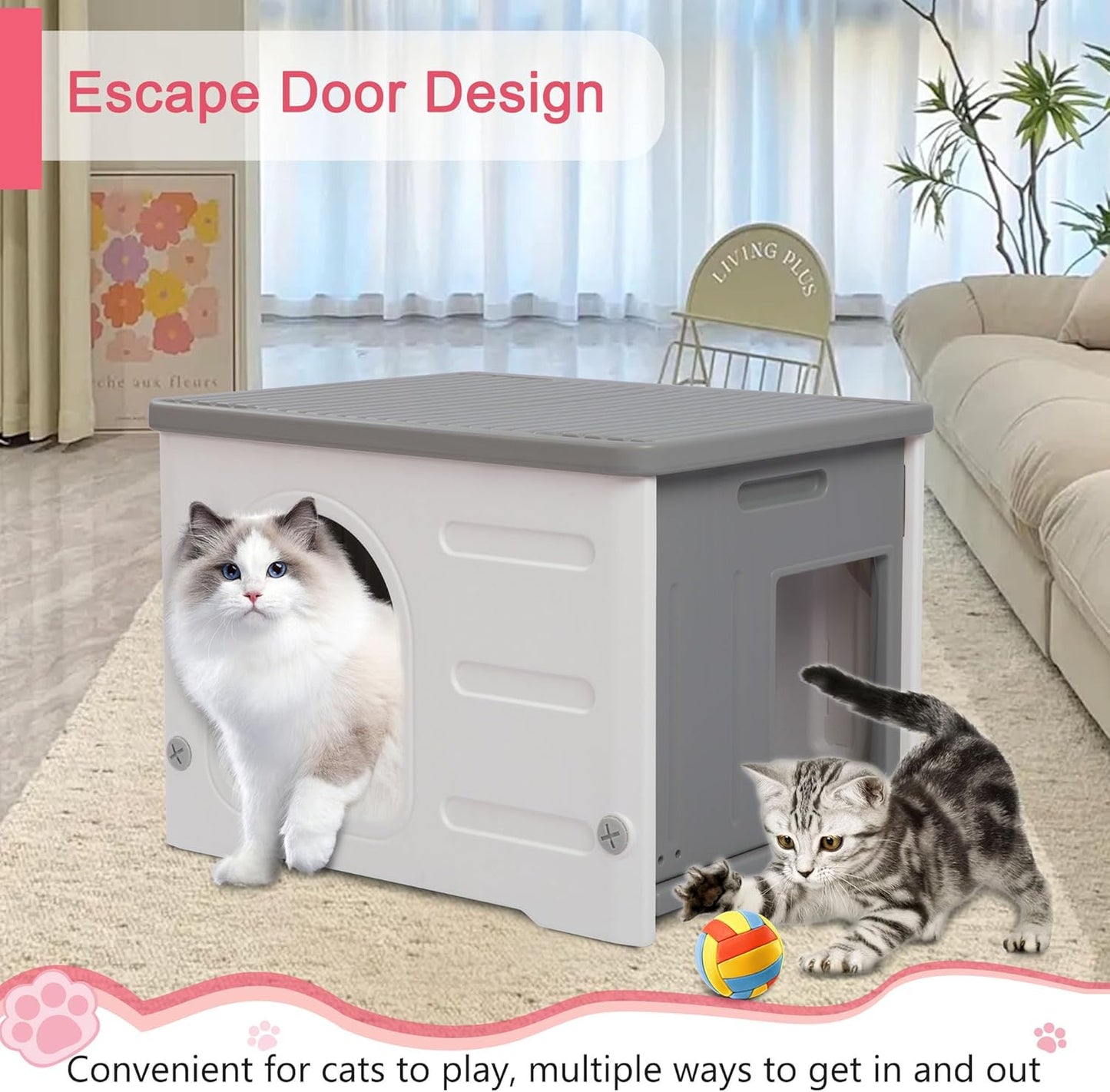 Rockever Plastic Cat House Outdoor with Escape Door, Waterproof Feral Cat House Outdoor Indoor, Sturdy Cat House for Outdoor Cats with Cat Bed Mat, Assemble Easily-Grey - Pet Explorer