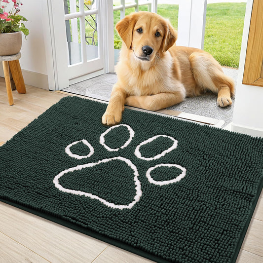 Smiry Dog Door Mat for Muddy Paws, Absorbent Dirt Trapper Non Slip Quick Dry Washable Chenille Mat for Mud Dogs, Entry Rug for Indoor and Outdoor (36x24 Inches, Green)
