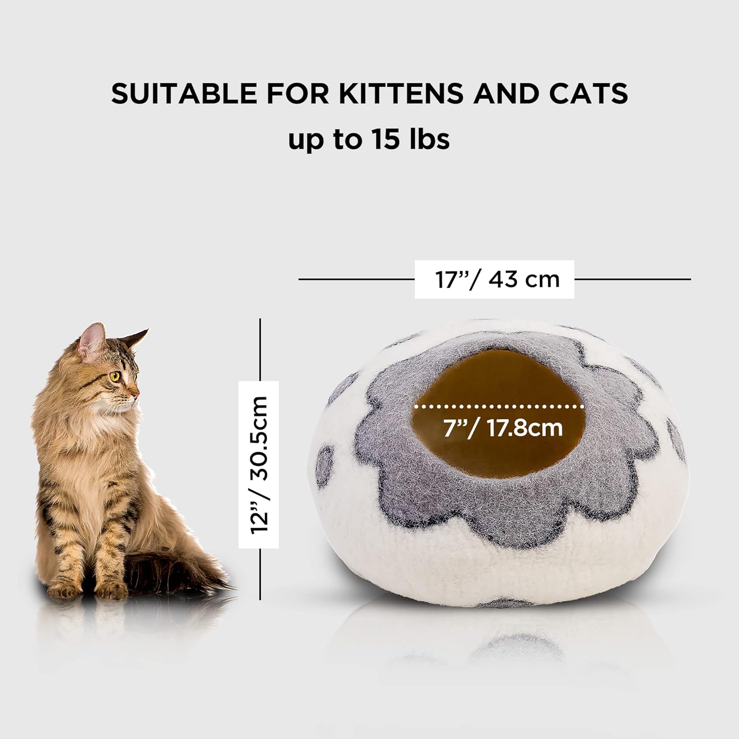 Woolygon Premium Felt Cat Cave Bed – Wool Kitty Beds Handcrafted Kitten Caves Bed for Indoor Cats - Made from 100% Eco-Friendly Merino Wool, Foldable Cat Hidewawy Covered Cat House Pod (Flower Collar) - Pet Explorer