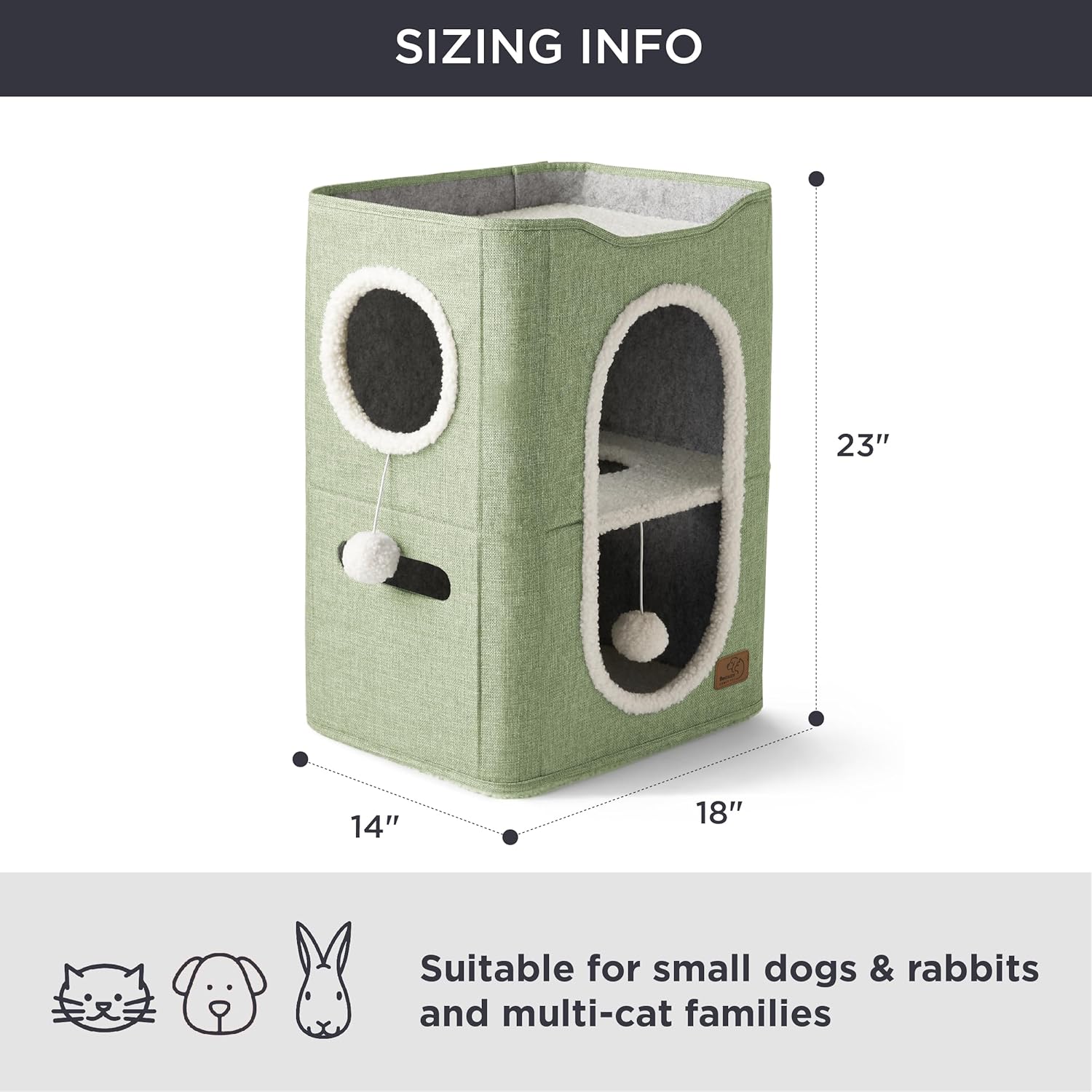 Bedsure 2 Story Cat House - Cat Condos for Indoor Cats with Scratch Pad and Fluffy Ball Hanging, Small Pet Cave Furniture Hideaway for Multi Pets, 18x14x23 inches, Green - Pet Explorer