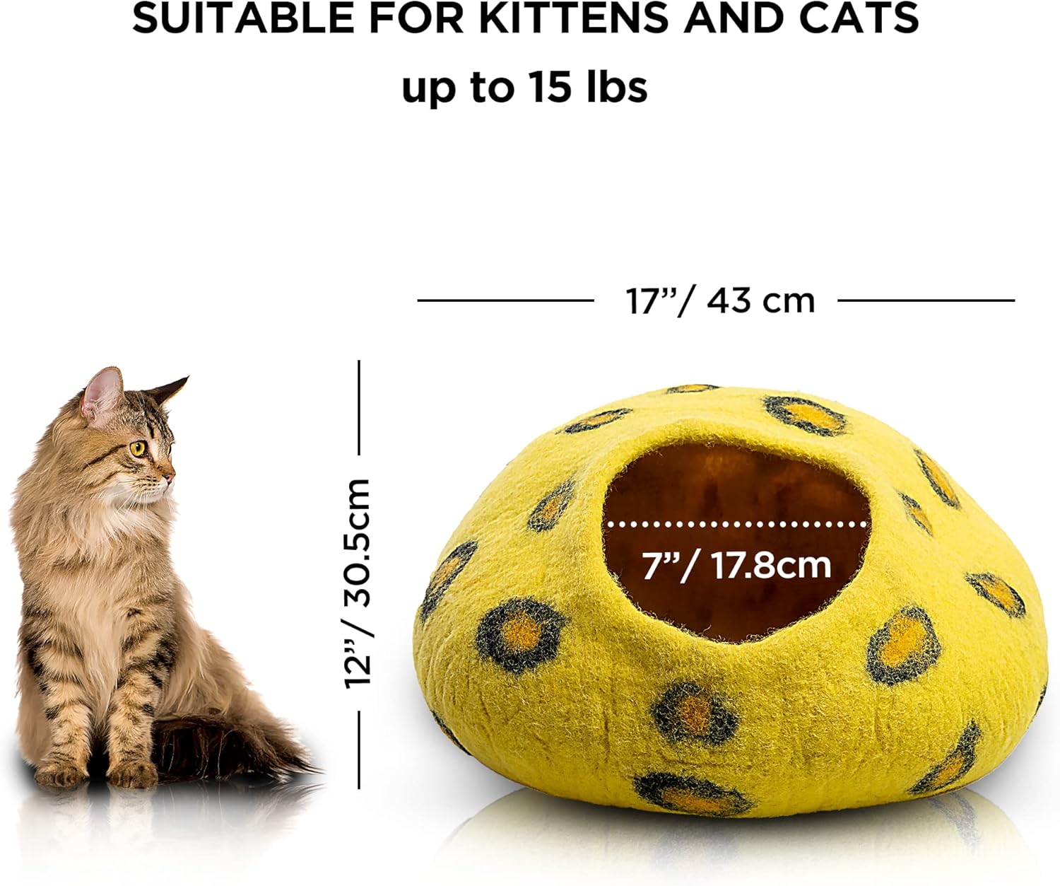 Woolygon Premium Felt Cat Cave Bed - Polka Dot Series - Wool Kitty Beds Handcrafted Kitten Caves Bed for Indoor Cats - Eco-Friendly Merino Wool, Foldable Cat Hideaway Cat Houses Pod - Pet Explorer