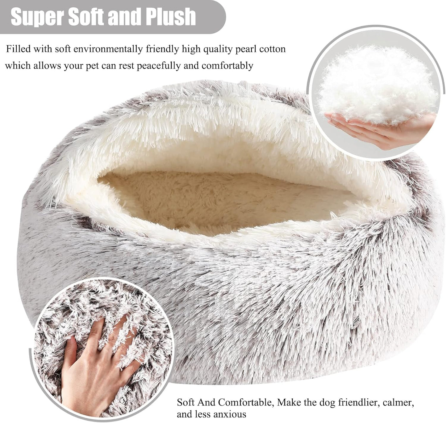 Calming Dog Beds & Cat Cave Bed with Hooded Cover,Removable Washable Round Beds for Small Medium Pets,Anti-Slip Faux Fur Fluffy Coved Bed for Improved Sleep,Fits up to 15/25 lbs (Small,20"x20") - Pet Explorer