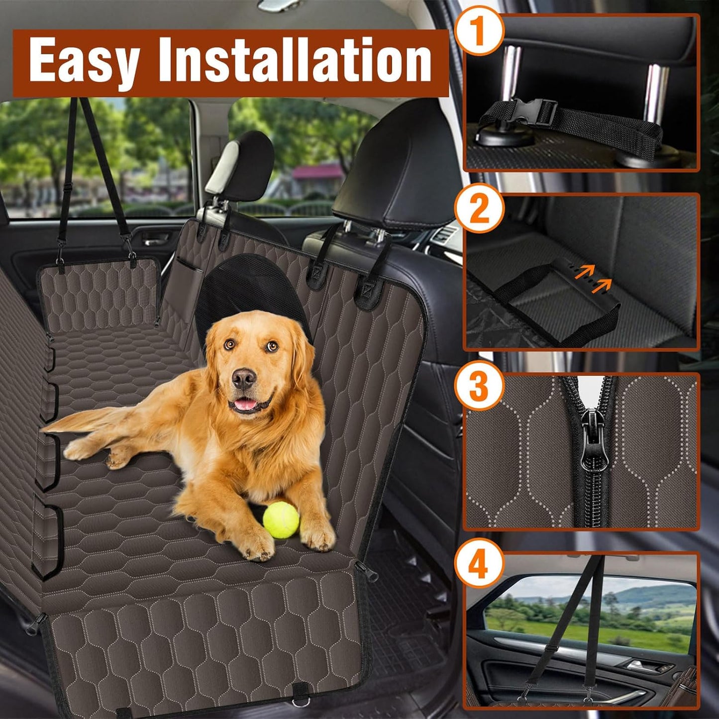 Waterproof Dog Car Seat Cover - Scratch Proof Nonslip Back Seat Hammock with Mesh Window & Storage Pocket for SUVs/Trucks/Sedans-S, Brown/Black - Pet Explorer