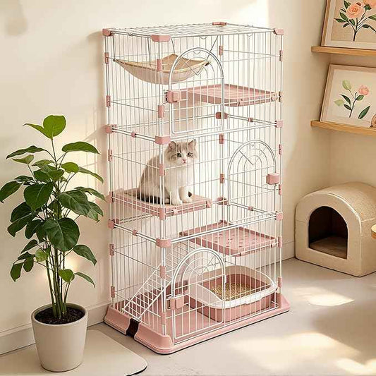 Cat Cage 3-Tier Indoor Cat Enclosure with Widen Bottom Buckle & Reinforced Locking Clamps DlY Cat Playpen for 2-3 Cats & Small Pets,33" Lx 24" W X 64" H (Pink, Three-Tier64)