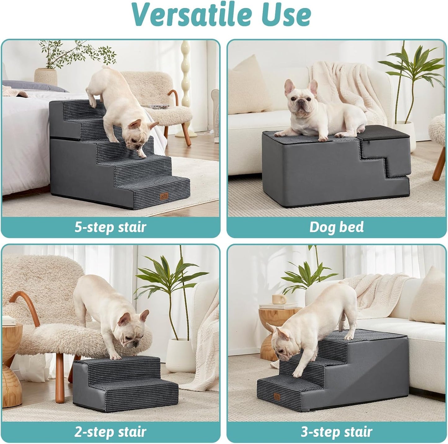 Dog Stairs for Small Dogs, 5 Tier Removable Wider Pet Stairs for Couch and Bed, 23.6" H Non-Slip Dog Steps for Puppies and Old Cats with Support Board, 29.5x19.7x23.6 inch, Dark Grey - Pet Explorer