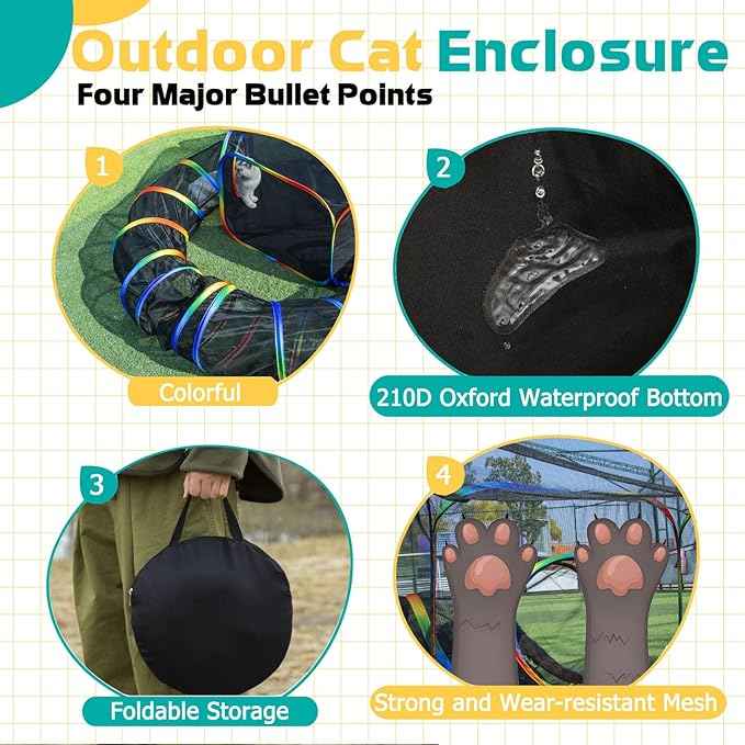 LUCKITTY Portable Cat Enclosure - 2-in-1 Outdoor Catio with Tent & Tunnel, Foldable Playpen for Indoor Cats, Includes Storage Bag for Cats & Small Animals Rainbow Color