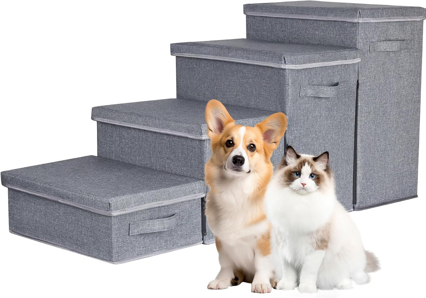 Dog Stairs with Storage, 4-Step Folding Pet Steps for Small Dogs and Cats, Pet Steps Storage with Zip, Pet Stairs for High Bed, Couch and Car Ramp (Gray, 4 Steps no Condo) - Pet Explorer