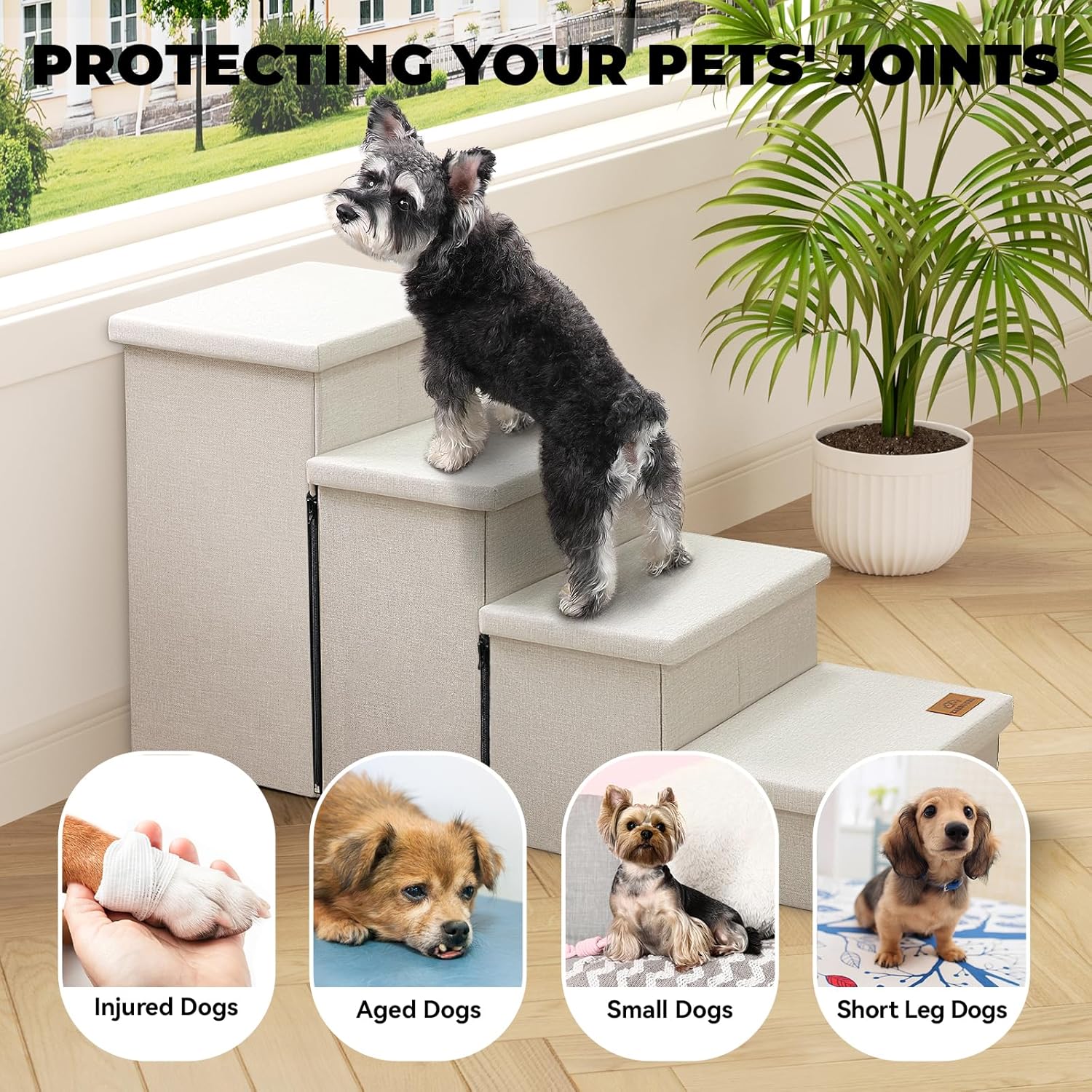 Dog Stairs with Storage 23" H, 4-Step Wider Dog Steps for High Beds Window, Folding Sturdy Pet Stairs Gift for Small/Medium/Large Old Dogs Cat, Ramp for Climbing Car Up to 200 lbs, Beige - Pet Explorer