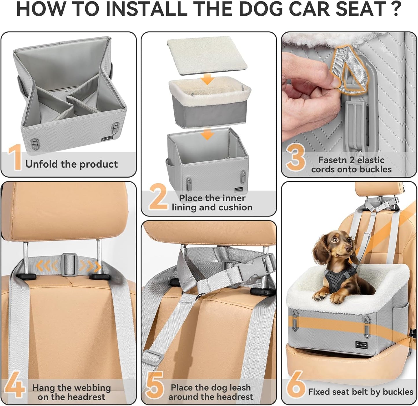 PETSFIT Small Dog Car Seat, Waterproof PU Leather Dog Booster Car Seat with Patented Safe Buckles, Pet Carseat for Medium or Small Sized Pets up to 30 lbs (Grey) - Pet Explorer