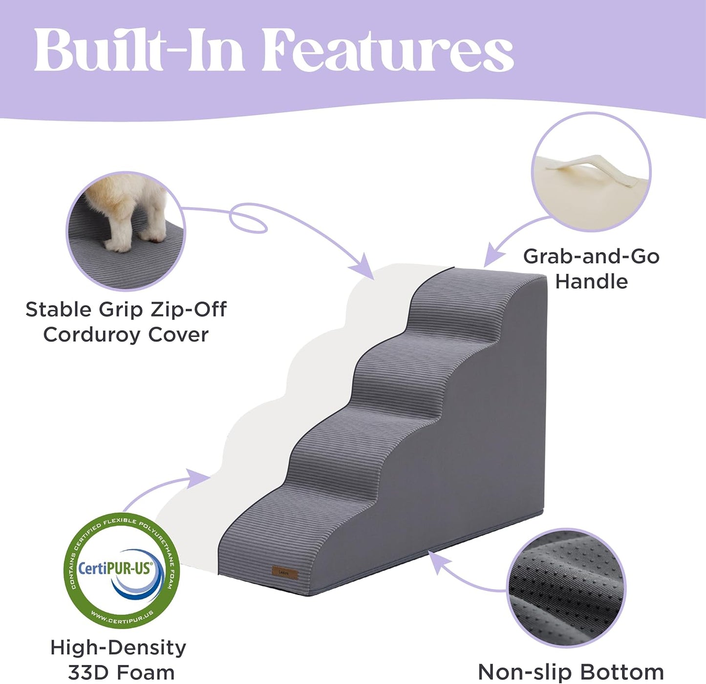 Lesure Dog Stairs for Small Dogs and Cats Pet Steps Ramp for Bed and Couch with CertiPUR-US Certified Foam with Non-Slip Bottom, Grey, 3 Steps - Pet Explorer