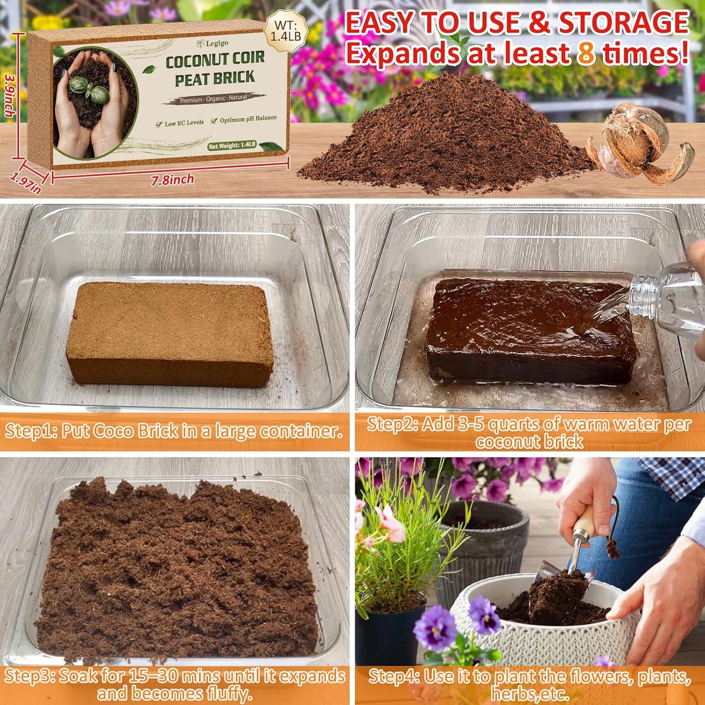 Legigo 8 Pack Coco Coir Bricks (11.2lb), 100% Organic Coconut Coir Fiber Potting Soil for Plants, Compressed Coco Peat Seed Starter, Coconut Husk Potting Mix for Indoor & Outdoor Plants, Gardening - Pet Explorer