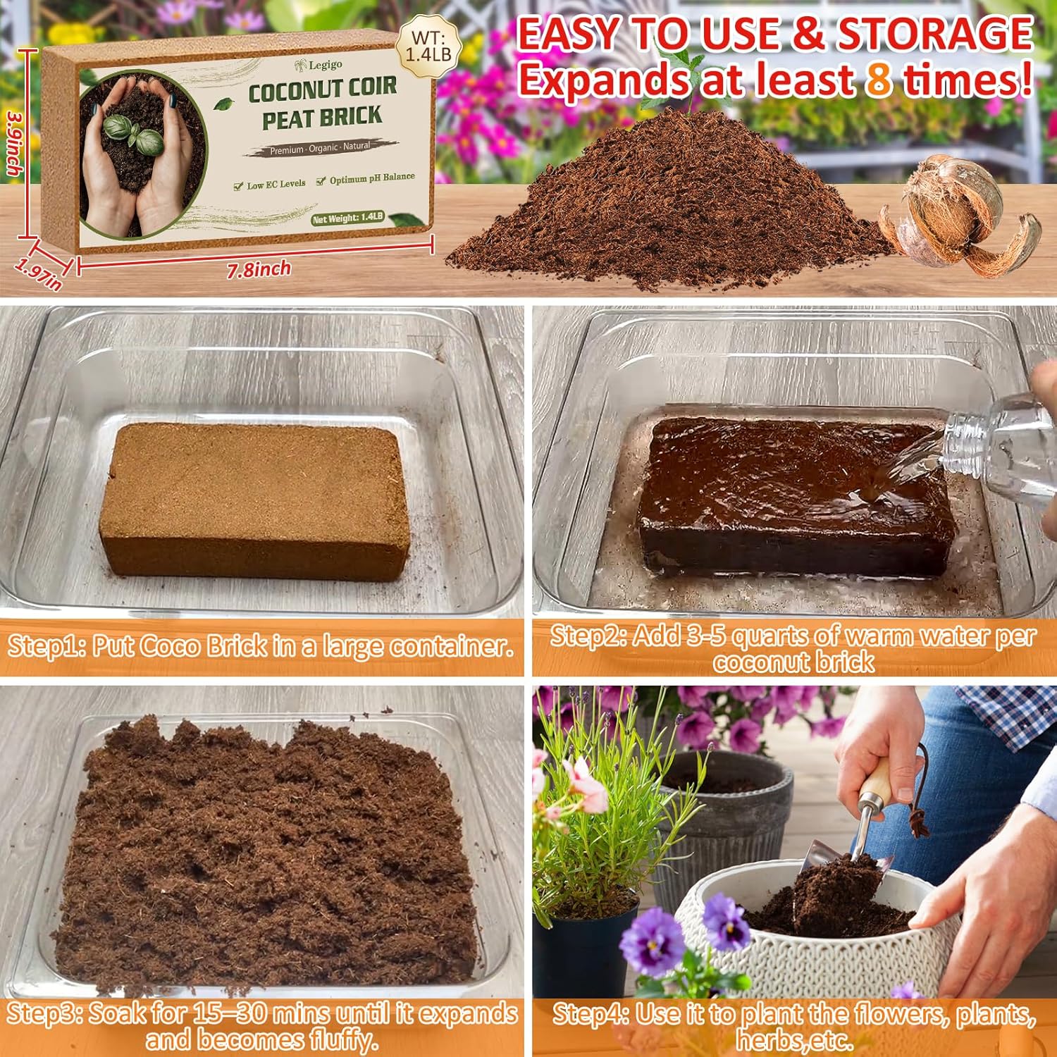 Legigo 8 Pack Coco Coir Bricks (11.2lb), 100% Organic Coconut Coir Fiber Potting Soil for Plants, Compressed Coco Peat Seed Starter, Coconut Husk Potting Mix for Indoor & Outdoor Plants, Gardening - Pet Explorer