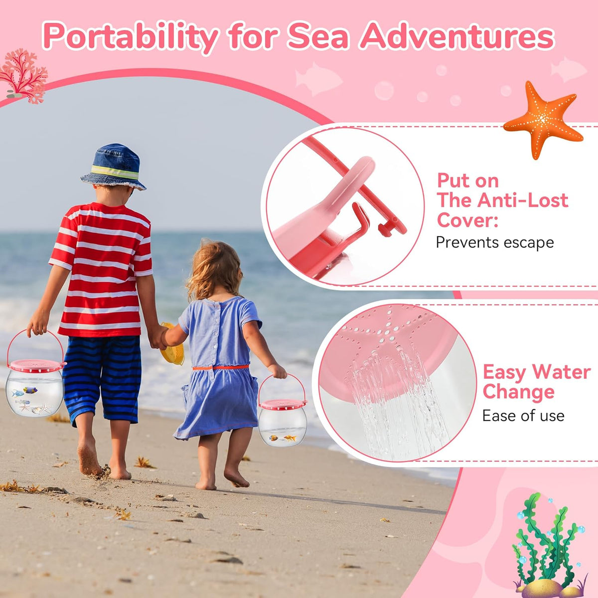 Saillong Catch and Release Plastic Small Bowl Kit, Portable Clear and Transparent Fish Bowl for Ocean Adventure, 0.8 Gallon Outdoor Cartoon Starfish Bucket Kit Ideal for Pool and Lake, Beach - Pet Explorer