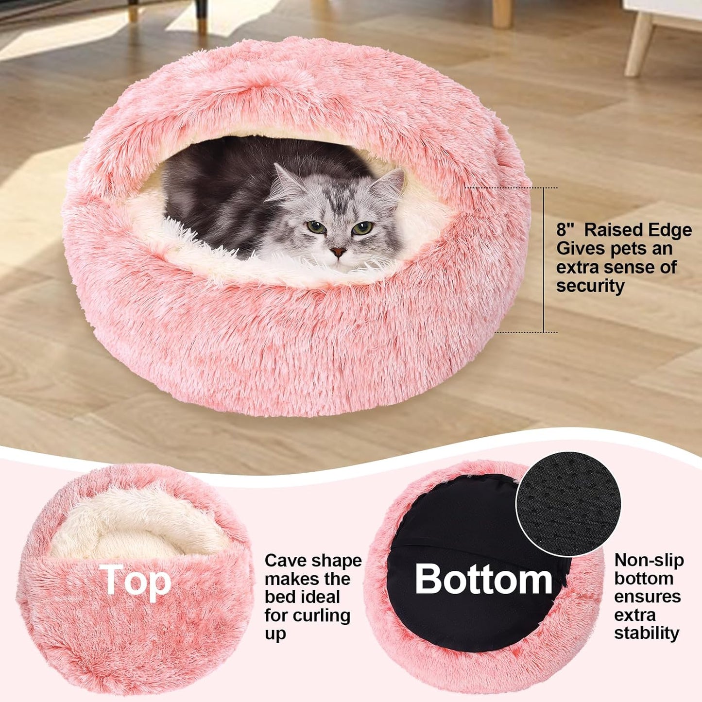 Calming Bean Mush Beds & Cat Cave with Hooded Cover, Removable Washable Round Beds for Small and Medium Pets, Anti-Slip Faux Fur, Fits Up to 15/25 lbs - Pet Explorer
