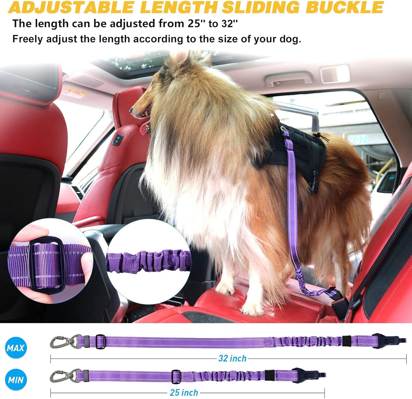 AUBELL Dog Seat Belt for Car,2 Pack Set 3-in-1 Adjustable Reflective Bungee Heavy Duty Dog Car Harness Tether with Clip Hook Latch & Buckle,Swivel Zinc Alloy Carabiner,Black+Purple - Pet Explorer