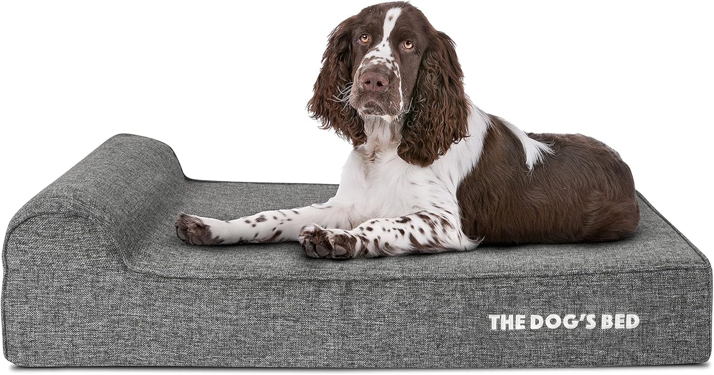 The Dog’s Bed Orthopedic Headrest Dog Bed, Large Grey Linen 40x25, Memory Foam, Pain Relief for Arthritis, Hip & Elbow Dysplasia, Post Surgery, Lameness, Veterinary Approved, Waterproof Washable Cover - Pet Explorer