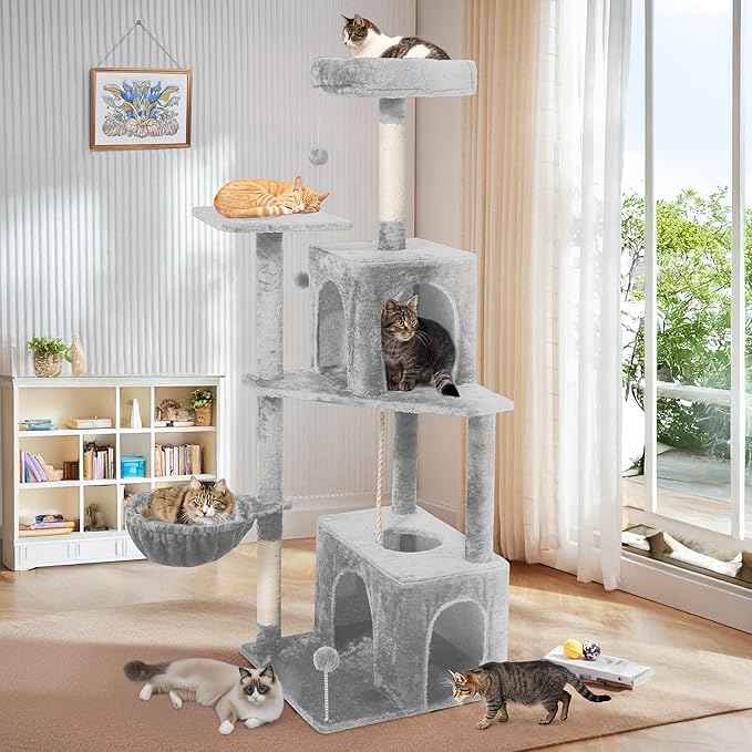 54 Inch Multi-Level Cat Tree Tower with Hammock, Condos & Scratching Posts, Large Cat Furniture for Indoor Cats with Pompoms, Light Grey