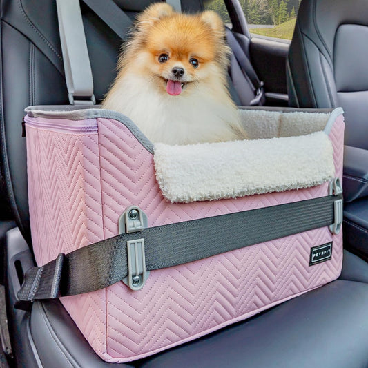 PETSFIT Dog Car Seats for Small Dogs, Portable Puppy Car Saet for Car with Clip-On Leash, Adjustable Straps Suitable for Small Pets Up to 25lbs (Light Pink) - Pet Explorer