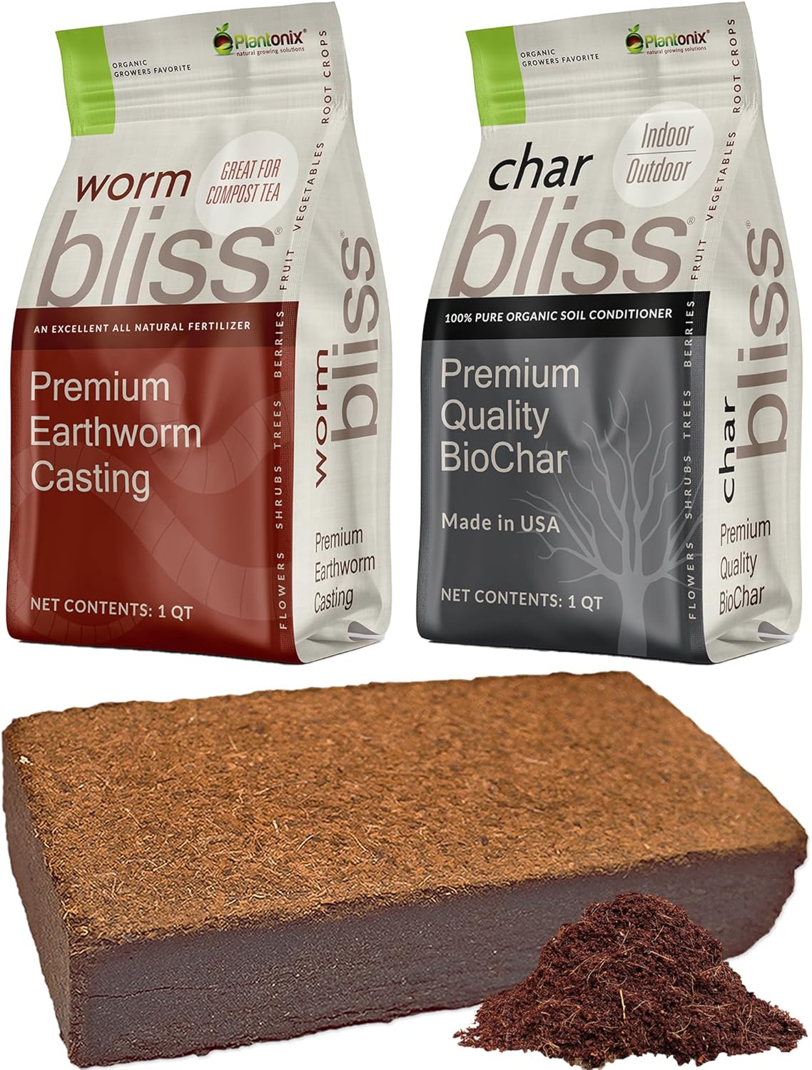 Coco Coir Brick (650gms) + Worm Bliss (1 Qt) + Char Bliss (1 Qt) - Organic Coco Coir for Plants - Worm Castings & Biochar for Plants - Soil Amendment & Organic Fertilizer Bundle - Potting Soil Mix - Pet Explorer