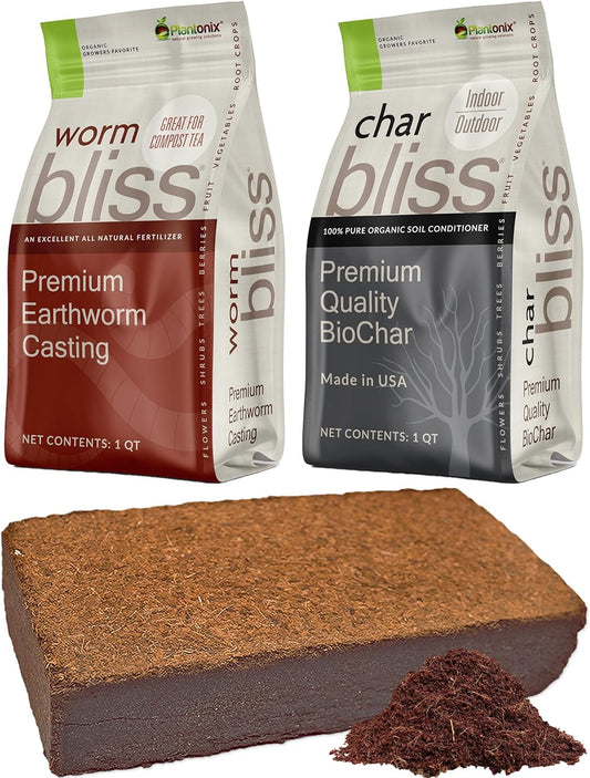 Coco Coir Brick (650gms) + Worm Bliss (1 Qt) + Char Bliss (1 Qt) - Organic Coco Coir for Plants - Worm Castings & Biochar for Plants - Soil Amendment & Organic Fertilizer Bundle - Potting Soil Mix - Pet Explorer
