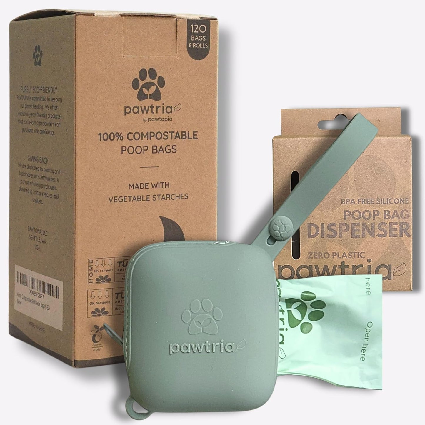 Pawtria Eco Duo Set: Home Compostable Dog Poop Bags (120) + Premium Silicone Dog Poop Bag Dispenser (3.25"H X 2.75"L), BPA-Free, Leak-Proof, Biodegradable, Zero Waste, Supports Rescue Dogs - Pet Explorer