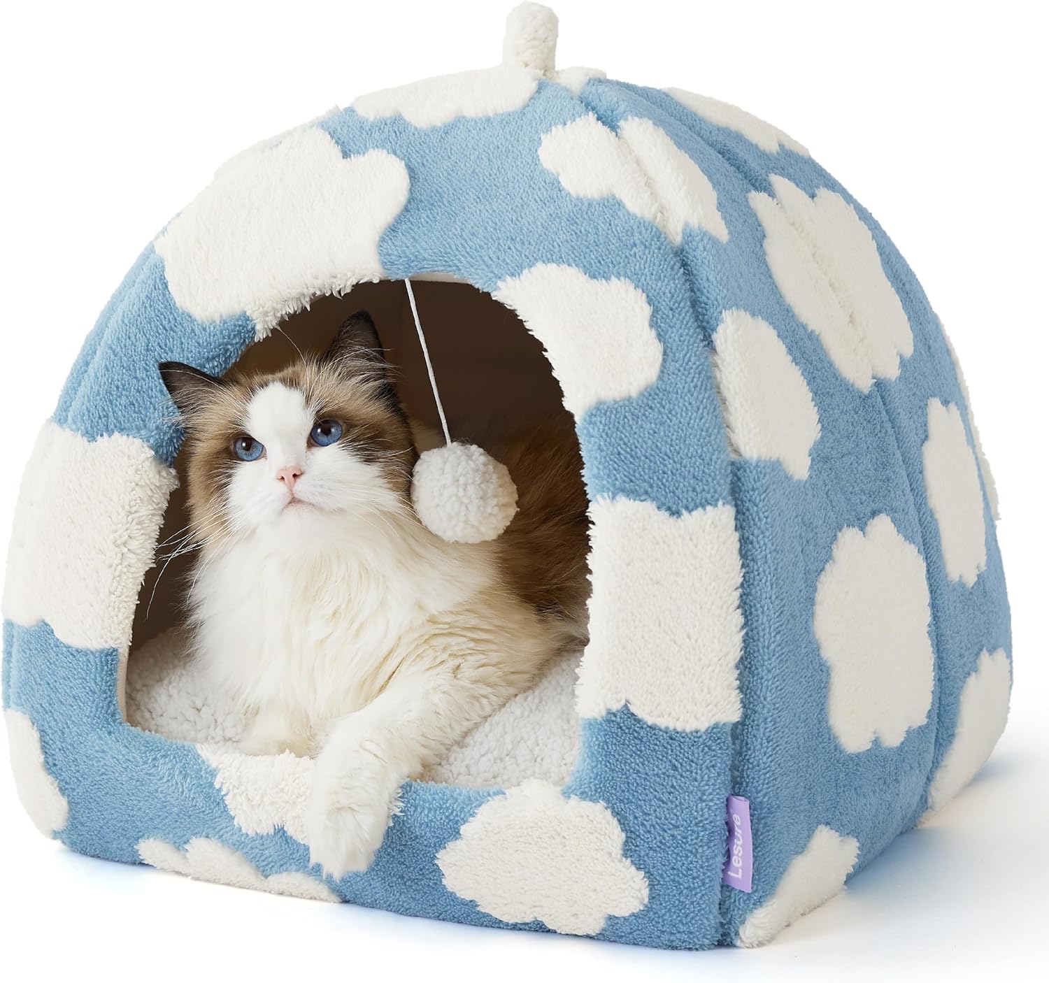 Lesure Cute Cat Beds for Indoor Cats - 2 in 1 Large Cat Cave Bed for Puppy and Small Dog with Removable Washable Cushioned Pillow, Cozy Kitten Tent with Non-Slip Bottom, Blue, 17.3 inches - Pet Explorer