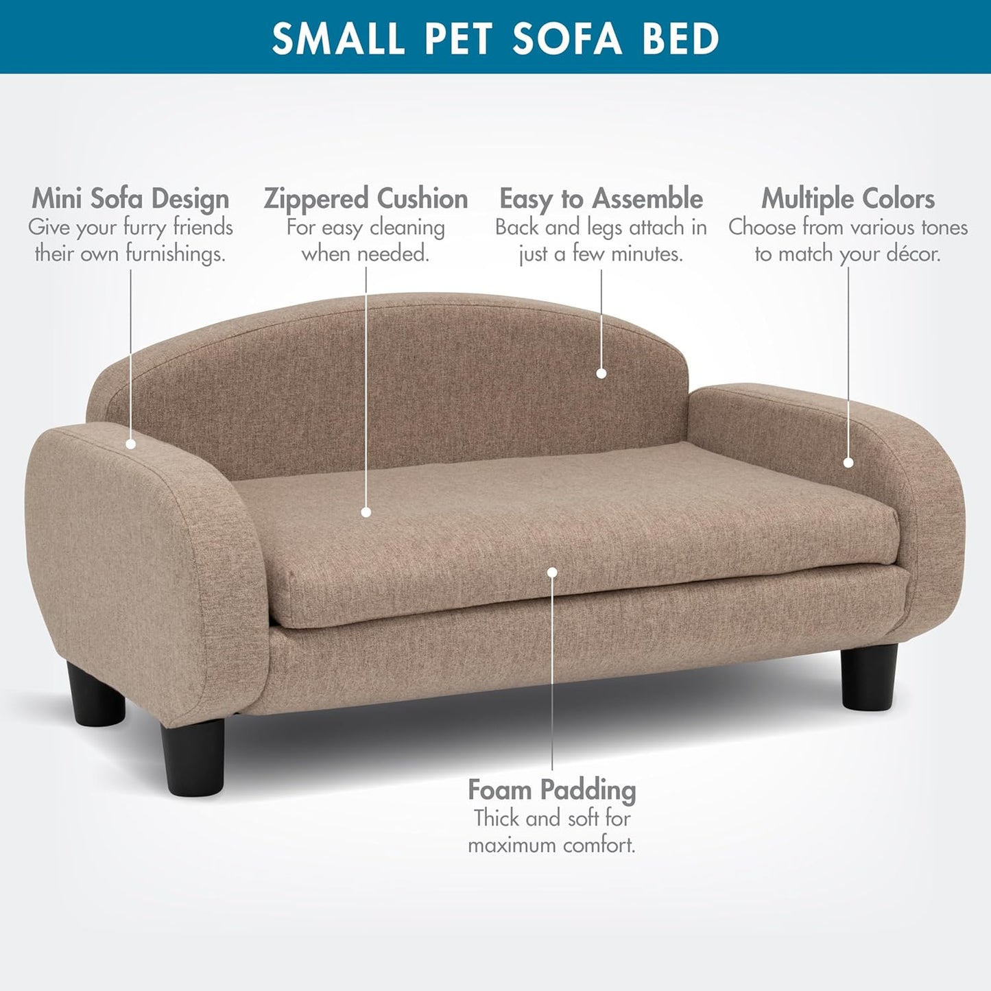 Paws & Purrs Cat Sofa Bed, Pet Couch for Indoor Cats Elevated Cat Beds with Removable Washable Mattress Cover for Kitten, Puppy or Small Animal- 31.5" Wide, Sand - Pet Explorer