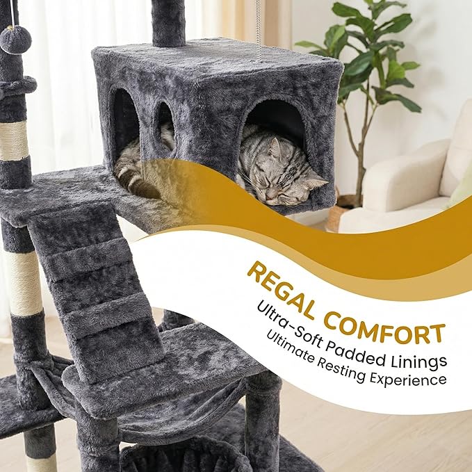 Large Cat Tree with Scratching Posts, Bed, Hammocks & Condos – Multi-Level Cat Tower for Playful Cats, 73" Modern Jungle Gym for Multiple Cats, Grey