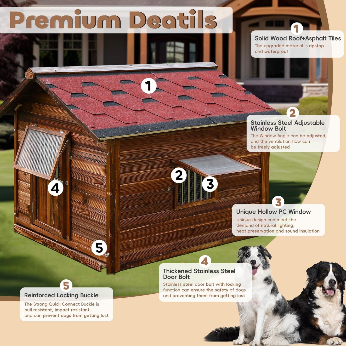 Dog House Outdoor,Solid Pine Wood Large Dog House for Big Breed,Weatherproof Dog Houses Outside with Door,Adjust Windows,Warm Dog Kennel for Outside - Pet Explorer