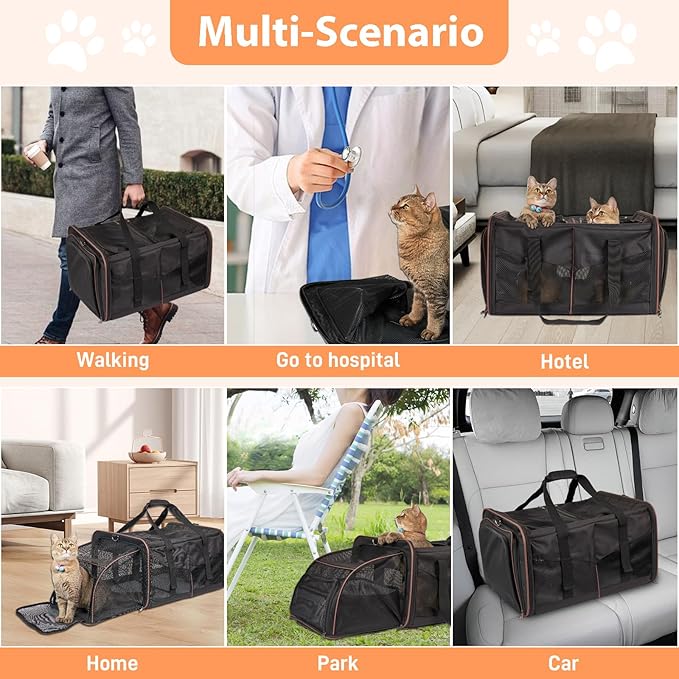 Portable Double Cat Carrier with Litter Box, Large Expandable Cat Carrier for 2 Cats, Soft Sided Pet Carriers for Car Travel, Pet Carrier with Safety Locking Zippers, Home & Outdoor Use, Black