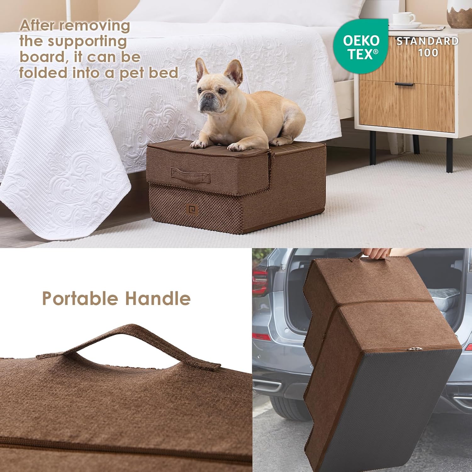 EHEYCIGA Dog Stairs for Small Dogs 13.5" H, 3-Step Dog Steps for Couch Sofa and Chair, Pet Steps for Medium Cats, Non-Slip Balanced Pet Ramp Indoor, Brown - Pet Explorer